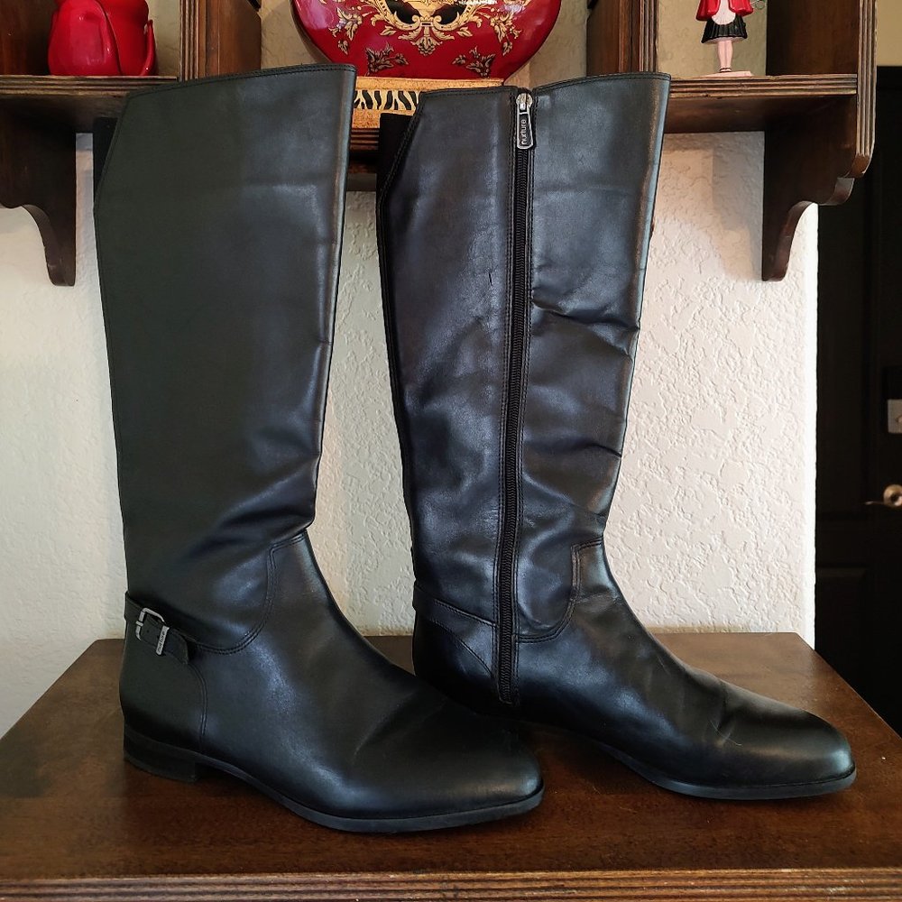 Women's Nurture black leather tall boots, size 9M, Pre-owned, 3/4 " heel. Lovely